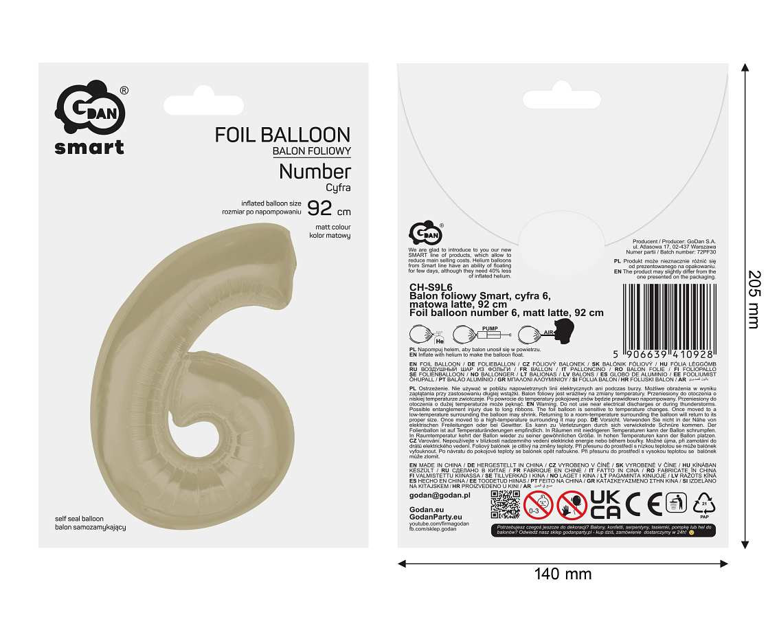 Foil balloon number 6, matt latte, 92 cm EOL